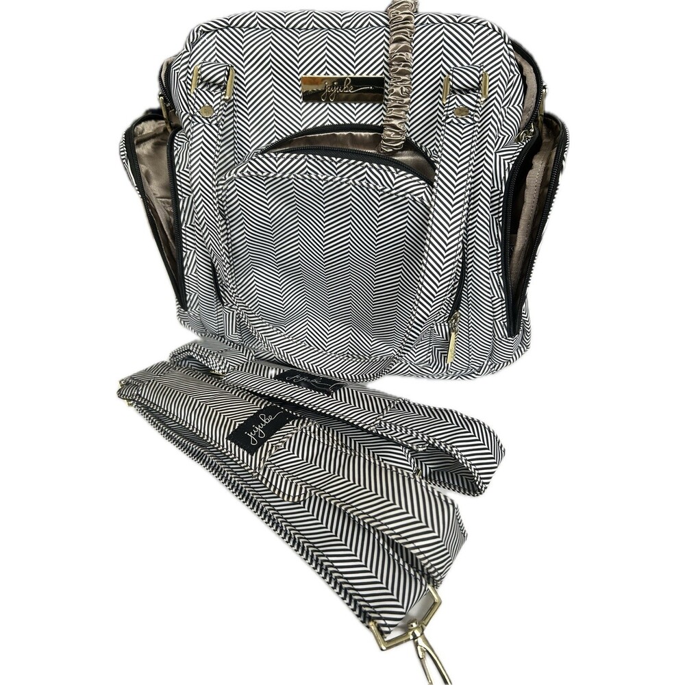 JuJuBe Be Right Back Diaper Bag Backpack Black White Chevron Gold Hardware.